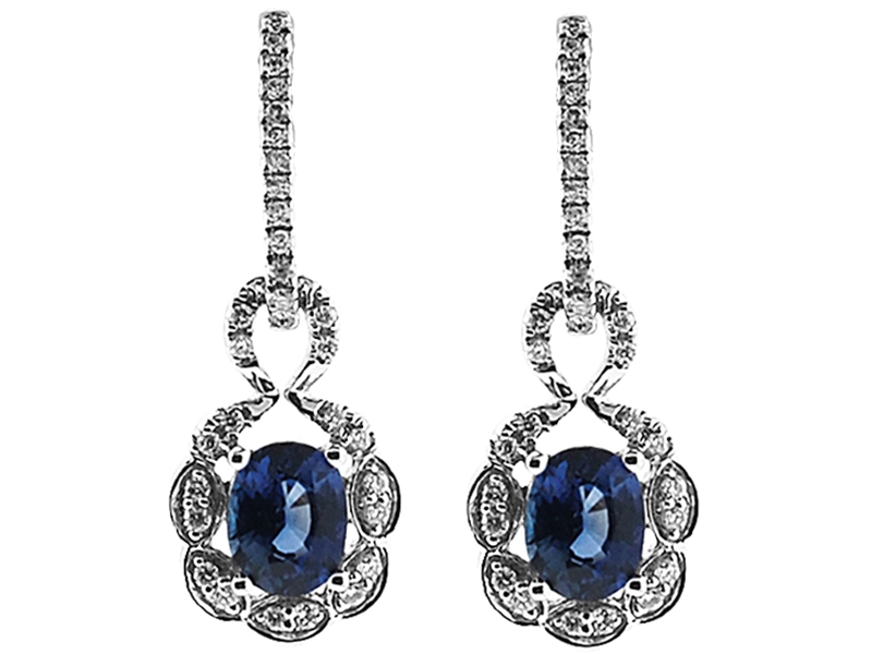 Fancy Prong Set Sapphire Dangling Earrings with Diamonds Set in 18K White Gold