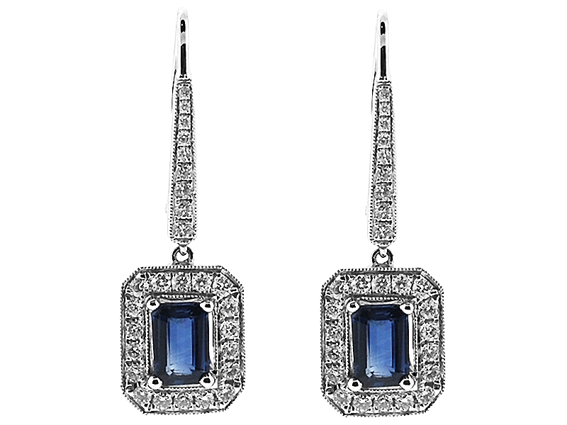 Sapphire Dangling Hoop Earrings Bordered with Beaded Milgrain and Diamonds in 18K White Gold