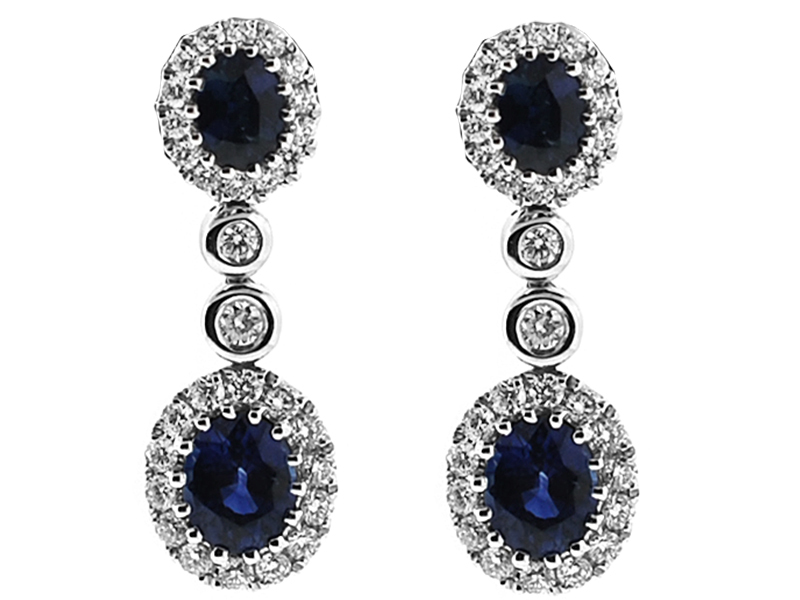 Dangling Sapphire Earrings with Prong Set Diamond Halos and Bezel Set Diamonds in 18K White Gold