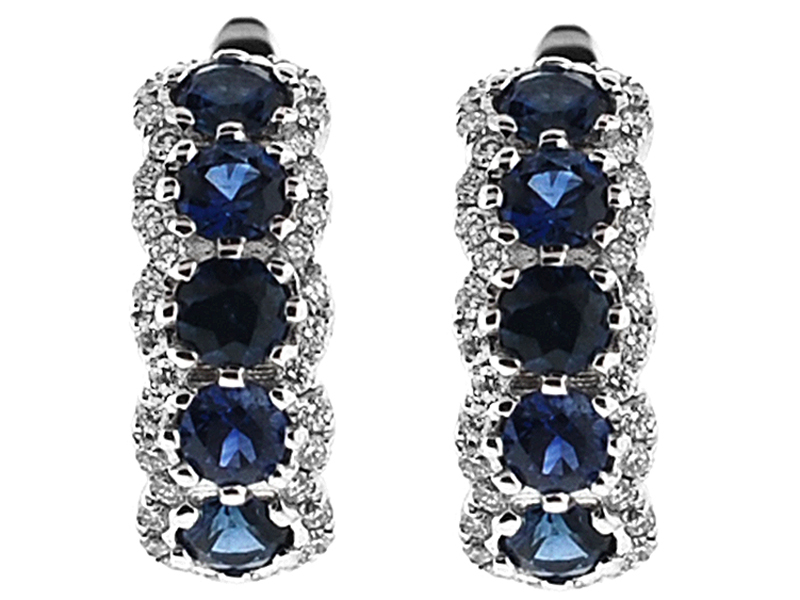 Sapphire Huggie Earrings with Wavy Diamond Borders Set in 18K White Gold