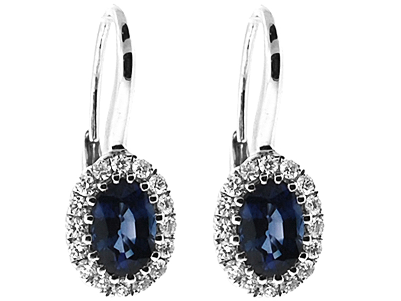 Oval Sapphire Dangling Hook Back Earrings with Diamond Halo in 18K White Gold
