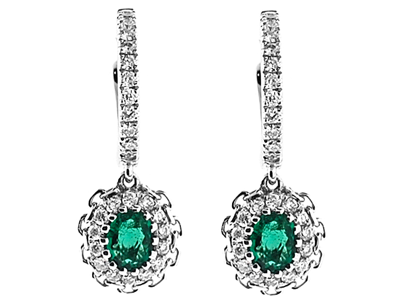 Emerald Dangling Hoop Earrings with Beaded Milgrain and Diamond Halo in 18K White Gold