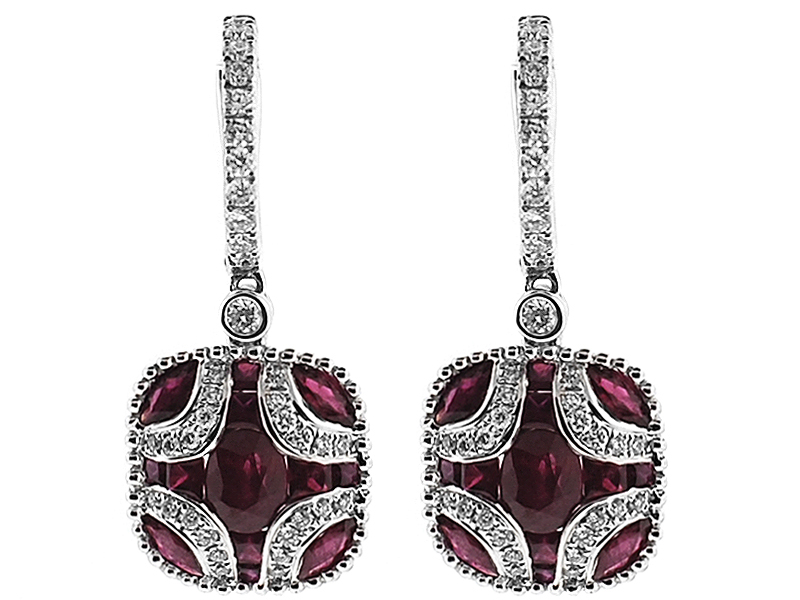Ruby Dangling Earrings with Diamonds Going Down Post and Bordered w/ Beaded Milgrain in 18K White Gold