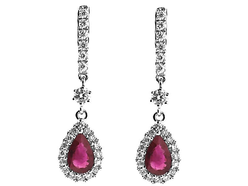 Drop Shaped Ruby Dangling Earrings with Diamond Halo in 18K White Gold