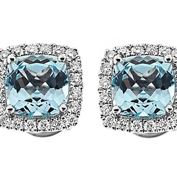 Cushion Cut Blue Topaz Post Back Stud Earrings with Single Diamond Halo Set in 18K White Gold