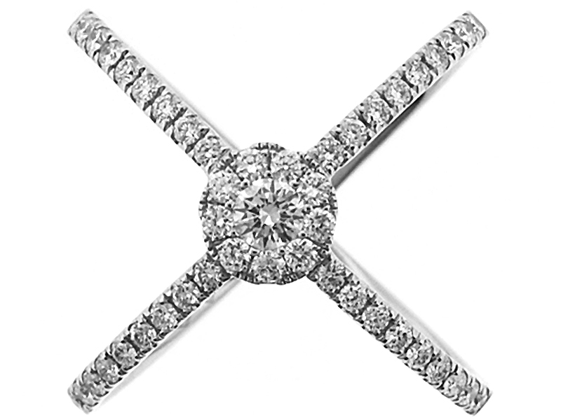X Style Fashion Ring with a Center Cluster of Diamonds Set in 18K White Gold