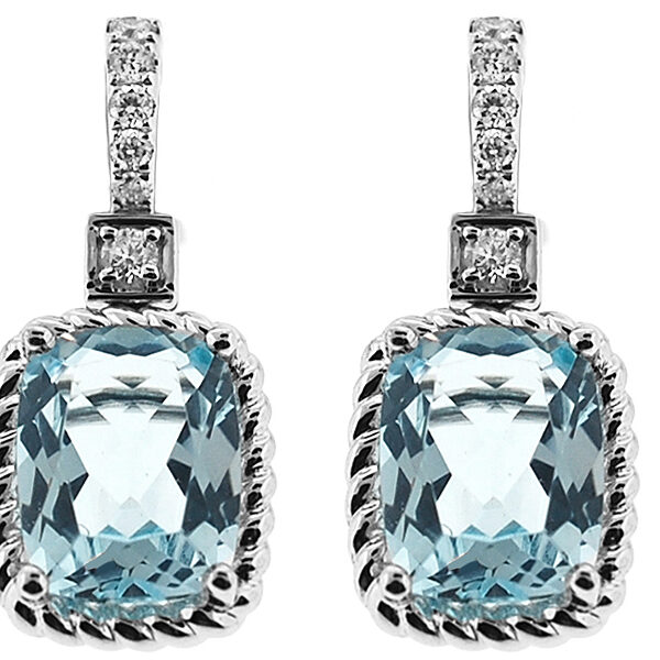 Rectangle Cushion Cut Blue Topaz Dangling Earrings with Diamonds and Rope Engraved Border in 18K White Gold