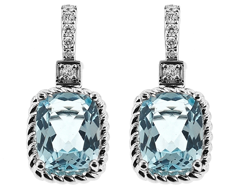 Rectangle Cushion Cut Blue Topaz Dangling Earrings with Diamonds and Rope Engraved Border in 18K White Gold