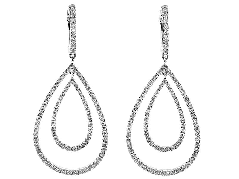 Double Drop Dangling Hoop Earrings with Diamonds Set in 18k White Gold