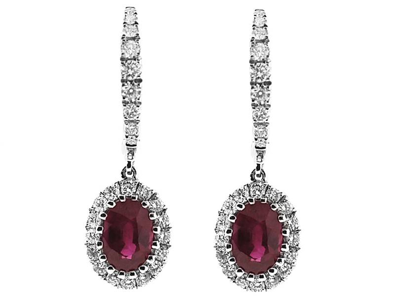 Ruby Dangling Hoop Earrings with Diamond Halo in 18K White Gold