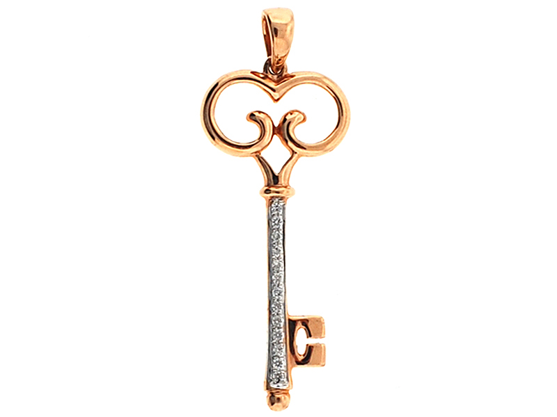 Key Pendant with Filigree Design and Row of Micro Pavé Set Diamonds in 18k Rose Gold