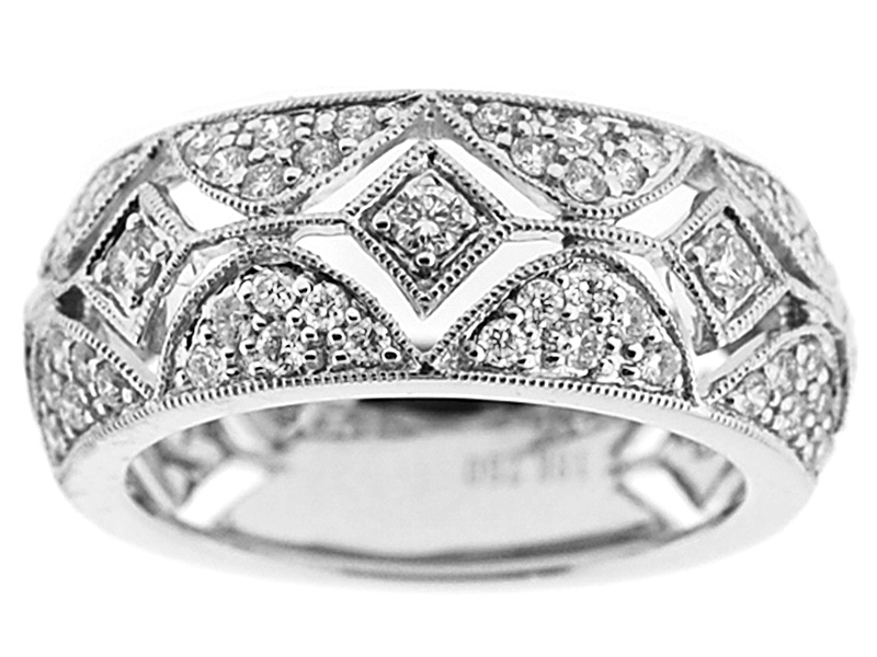 Right Hand Fashion Ring with Beaded Milgrain in Diamond Designs and Diamonds Set in 18K White Gold