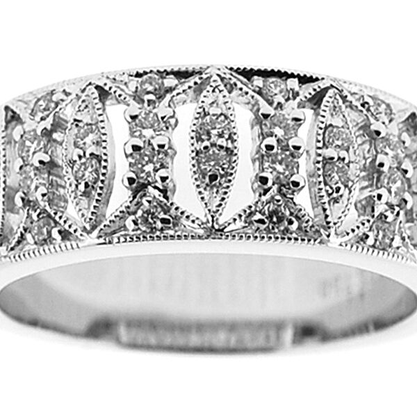 Diamond Ladies Ring with Milgrain Detail in 18K White Gold
