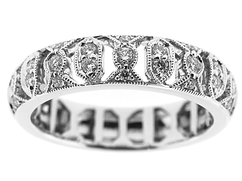 Right Hand Fashion Band with Diamonds and Beaded Milgrain Design in 18K White Gold