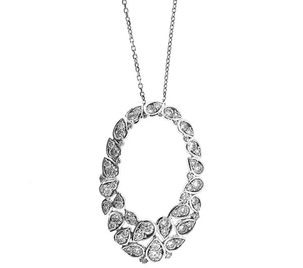 Graduated Oval Pendant Formed of Round Diamonds in Leaf Shapes Set in 18k White Gold