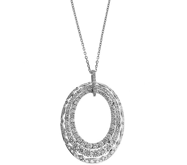 Graduated Oval Pendant with Double Row of Round Diamonds Set in 18k White Gold