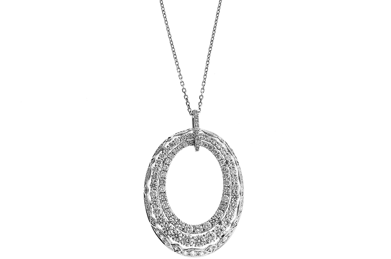 Graduated Oval Pendant with Double Row of Round Diamonds Set in 18k White Gold