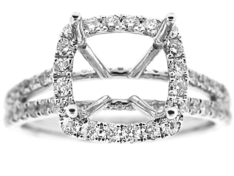 Square Cushion Halo Diamond Engagement Ring with Split Shank in 18K White Gold