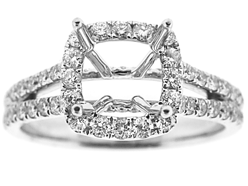 Square Cushion Halo Diamond Engagement Ring with Split Shank in 18K White Gold