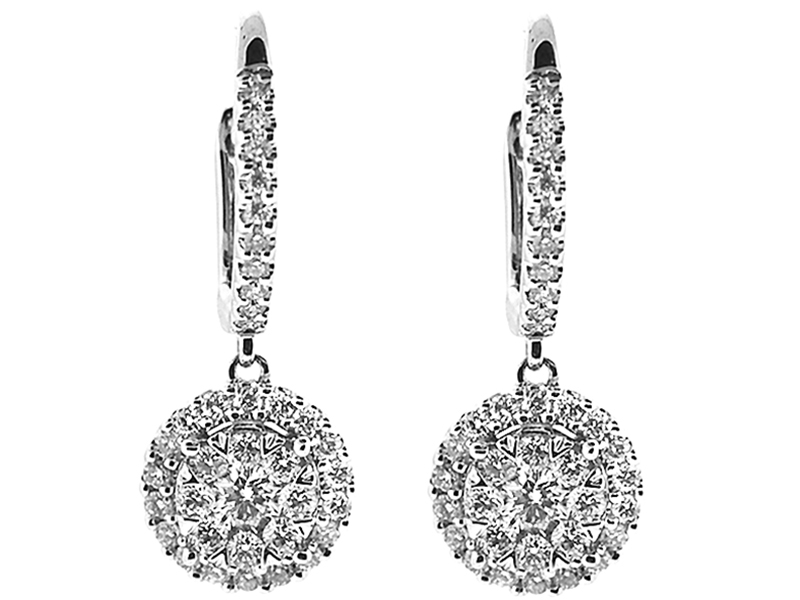 Round Dangling Earrings with Halo Design and Round Diamonds Set in 18k White Gold