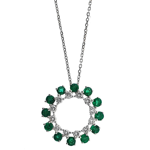 Circle of Life Pendant with Emeralds Surrounding Diamonds Set in 18K White Gold