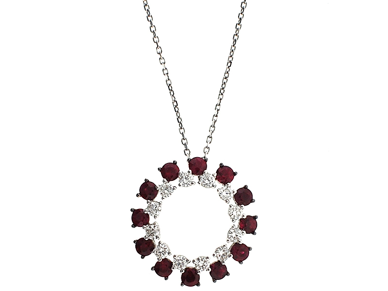 Circle of Life Pendant with Rubies Surrounding Diamonds in 18K White Gold