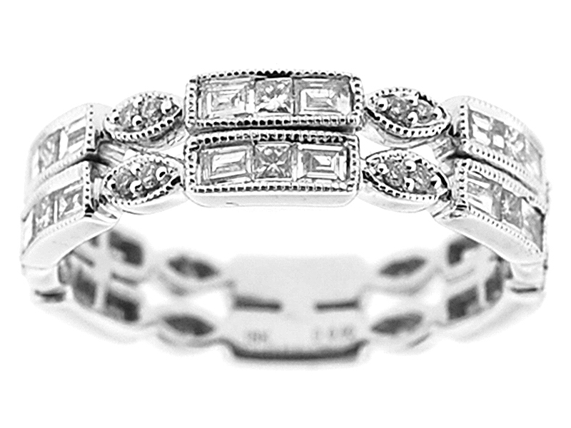 Double Row Eternity Band with Beaded Milgrain Bordering Baguette, Round, and Princess Cut Diamonds in 18k White Gold