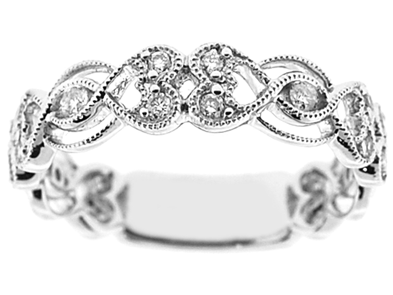 Eternity Band with Braided Milgrain in Heart Designs and Round Diamonds Set in 18k White Gold
