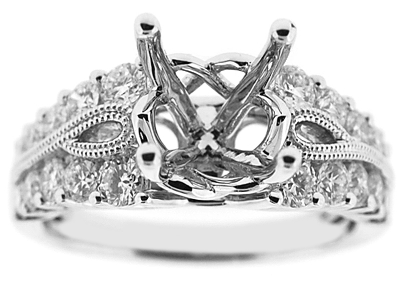 4 Prong Semi-Mount Engagement Ring with a Beaded Milgrain Design and Prong Set Diamonds in 18k White Gold