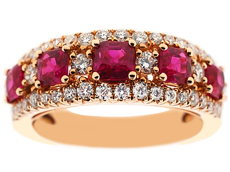 5 Stone Ruby Ring Bordered by Diamonds Set in 18K Rose Gold