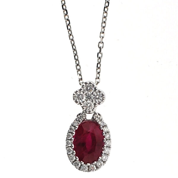Ruby Pendant with Halo of Diamonds in 18k White Gold