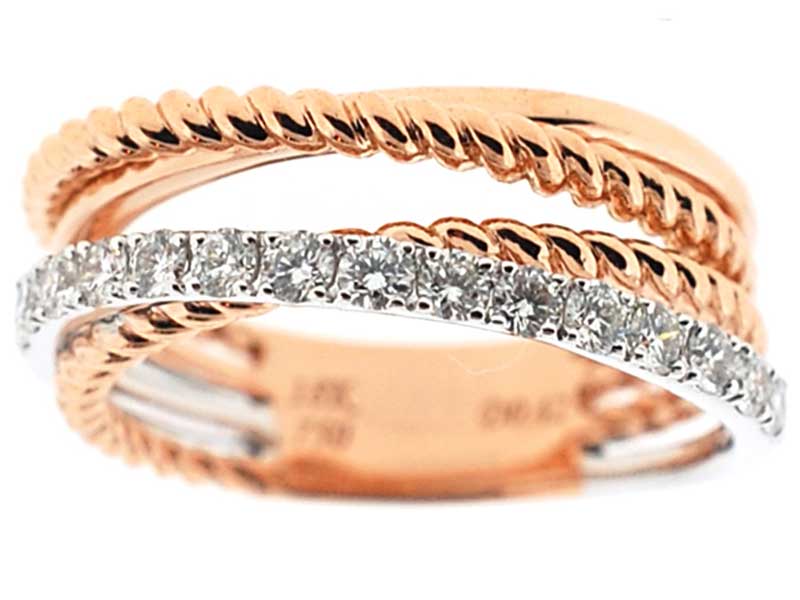 Two Tone Crossover Fashion Ring with a Row of Diamonds Set in 18K White Gold Overlapping 18K Rose Gold in Solid and Rope Design