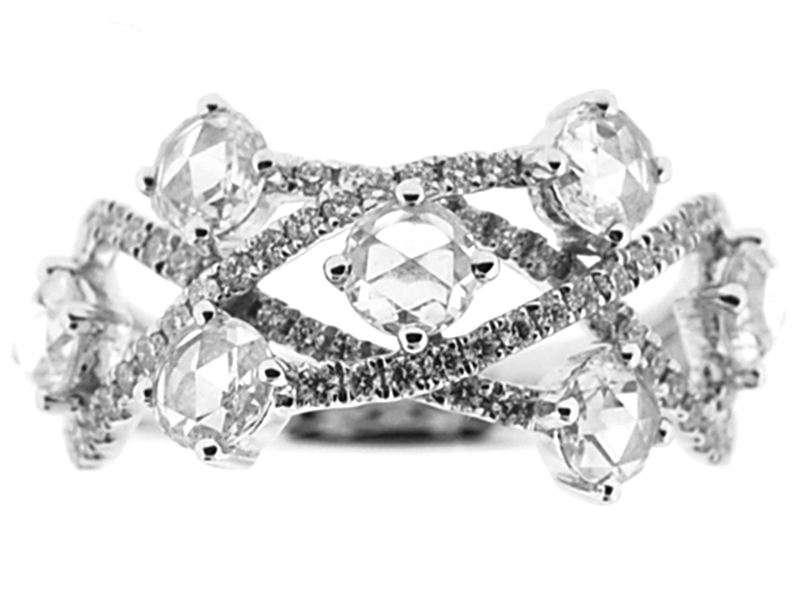 Right Hand Fashion Ring with Overlapping Rows of Round Diamonds and Rose Cut Diamonds Set in 18K White Gold