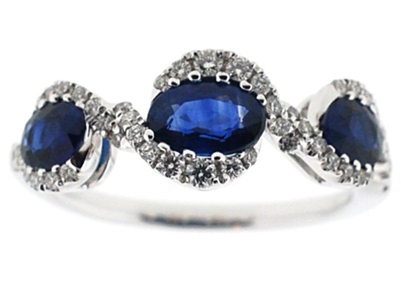3 Stone Sapphire Twist Ring with Diamonds Set in 18K White Gold