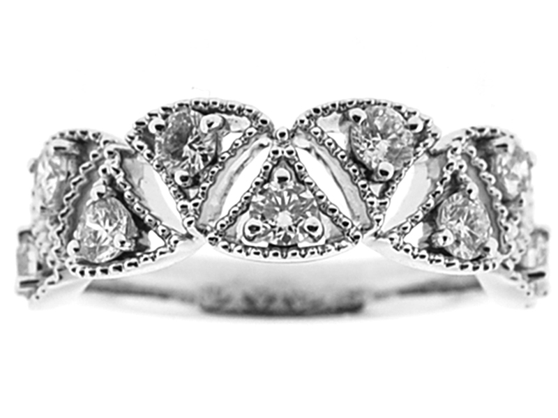 Right Hand Fashion Ring with Diamonds Surrounded by Triangular Designs of Beaded Milgrain in 18K White Gold