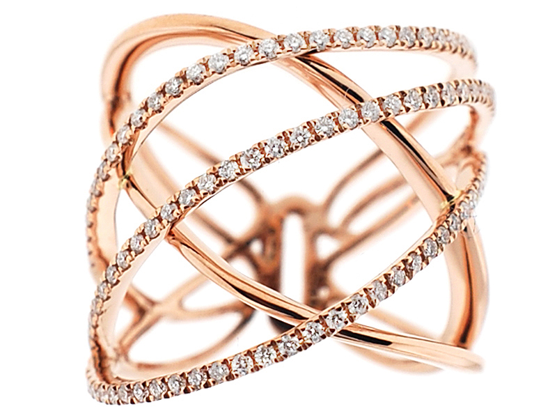 Overlapping Crossover Style Statement Ring with 3 Rows of Diamonds in 18K Rose Gold