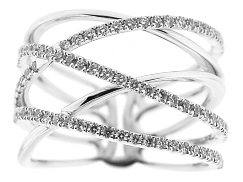 Overlapping Crossover Fashion Ring with 3 Rows of Diamonds in 18K White Gold