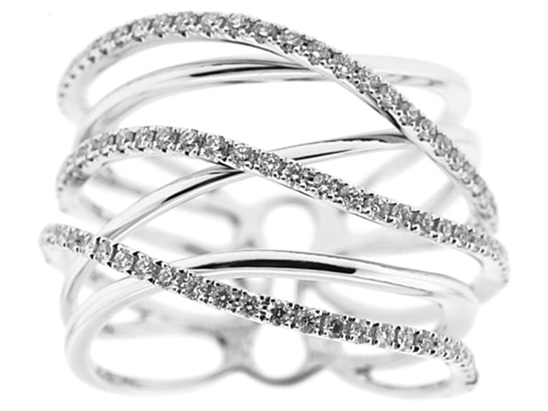 Crossover Statement Ring with 3 Rows of Diamonds Overlapping 18K White Gold