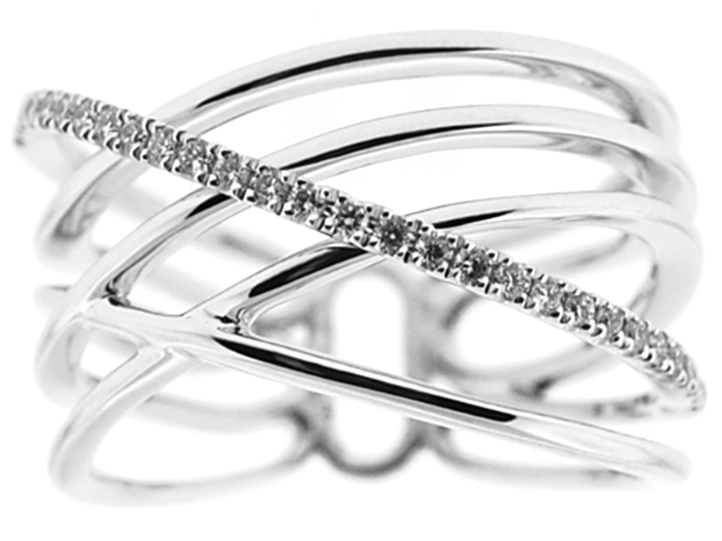 Open Crossover Statement Ring with Overlapping Rows of Diamonds and Solid 18K White Gold