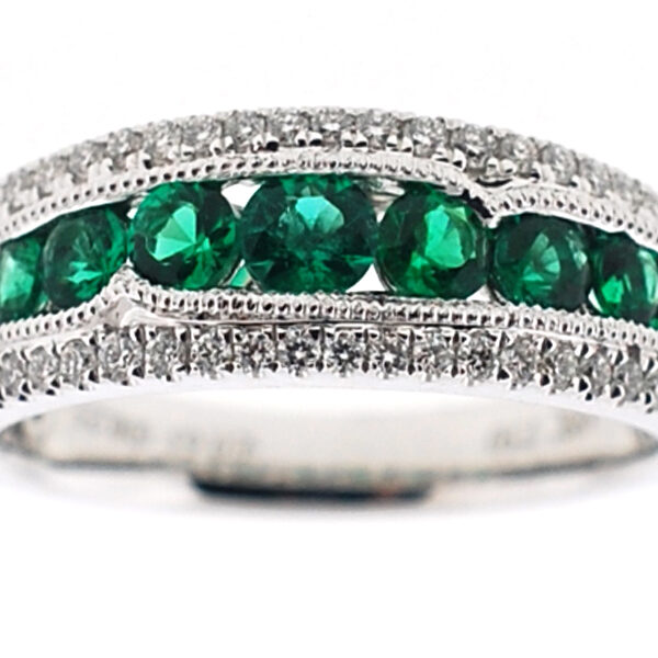 Channel Set Emerald Ring Bordered with Beaded Milgrain and Diamonds Set in 18K White Gold
