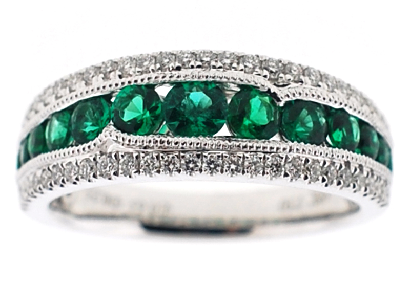 Channel Set Emerald Ring Bordered with Beaded Milgrain and Diamonds Set in 18K White Gold