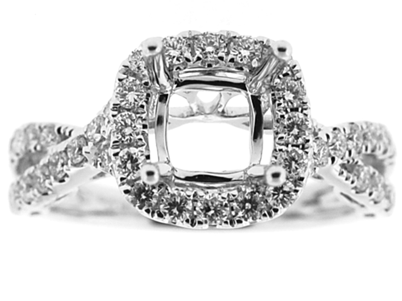 Square Cushion Halo Diamond Twist Shank Engagement Ring with Halo in 18K White Gold