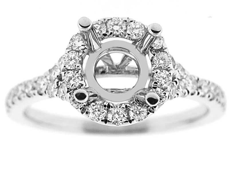 Semi-Mount Split Shank Diamond Engagement Ring with Round Halo in 18k White Gold