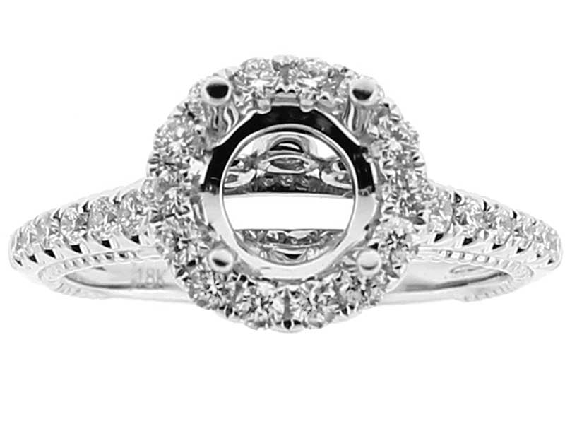 Semi Mount Diamond Engagement Ring with Round Halo and Beaded Milgrain Design in 18k White Gold