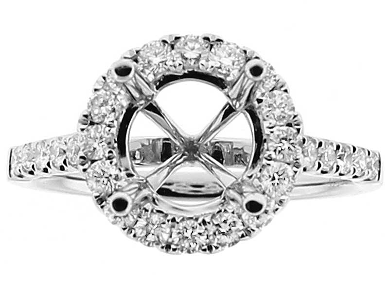 Round Halo Semi-Mount Engagement Ring with Diamonds Set in 18k White Gold