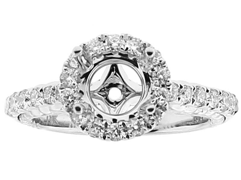 Round Halo Semi-Mount Engagement Ring with Engraved Rope Design and Diamonds Set in 18k White Gold