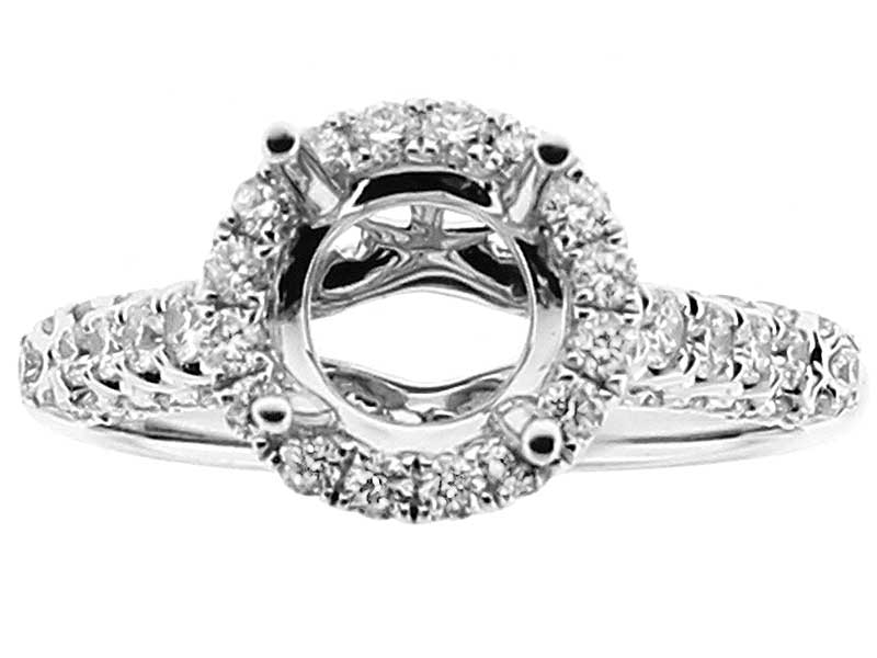Round Halo Semi-Mount Triple Side Engagement Ring with Beaded Milgrain Design and Diamonds Set in 18k White Gold