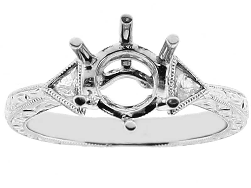 Engraved Design Triple Side Semi Mount Engagement Ring with Beaded Milgrain and Trillion Diamonds Set in 18k White Gold