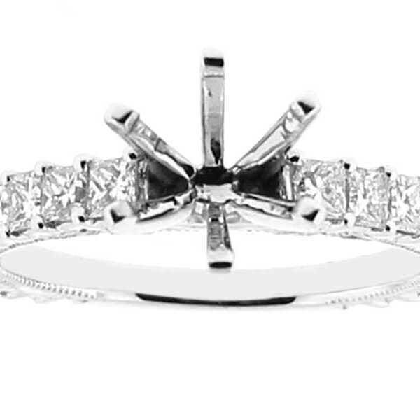 Six-Prong Triple Side Semi-Mount Engagement Ring with Beaded Milgrain & Round and Princess Cut Diamonds Set in 18k White Gold