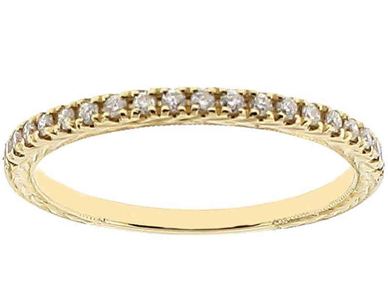 Single Row Triple Side Band with Engraved Design, Beaded Milgrain, and Diamonds Set in 14k Yellow Gold